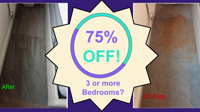 Before and after bedroom carpet cleaning shown with the three or more bedrooms discount offer