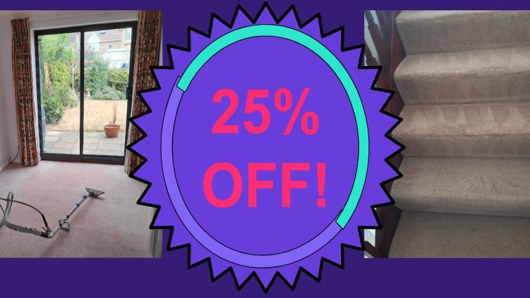 Before and after carpet cleaning of a lounge included in the downstairs and stairs discount bundle