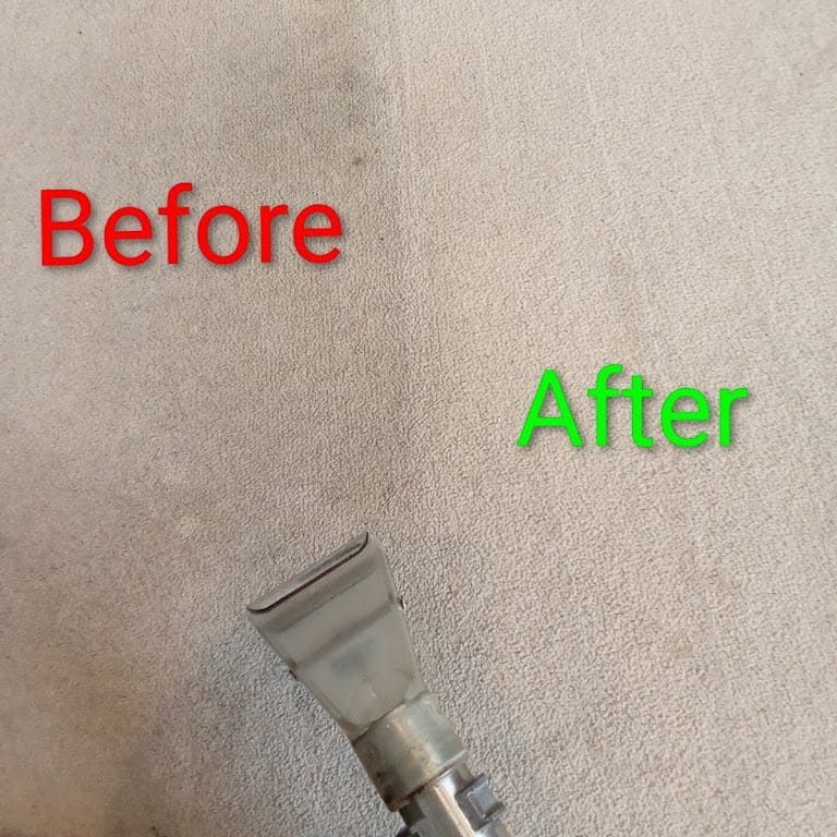 Before and after hot water extraction on a soiled beige lounge carpet
