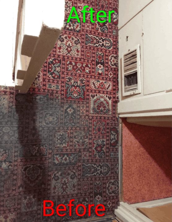 Before and after cleaning of a patterned wool rug on a landing