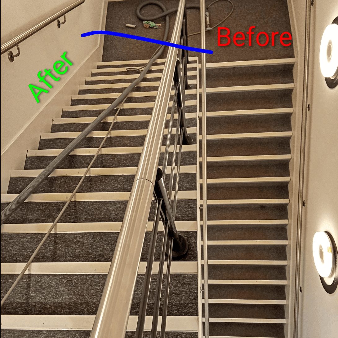 Before and after deep cleaning of a heavily used communal stairway carpet